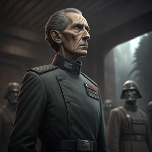 A 3D digital rendering of a detailed sculpture featuring Grand Moff Tarkin from Star Wars. Dark and moody setting