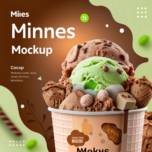 create mokup  a Bucket with ice cream with mine sticker for box