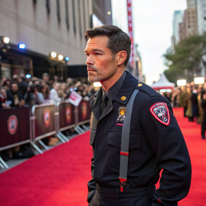 Eddie Cibrian as Jimmy Doherty from 'Third Watch', serious face, in FDNY uniform. Red carpet event, crowd in background