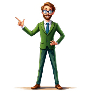 40 years old male teacher in suit, as a drawing for a cartoon, on a white background, whole body he points with his hands