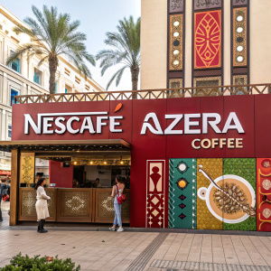 Colorful Nescafe Azera Coffee advertisement featuring a vibrant mix of hues and the iconic Nescafe logo.