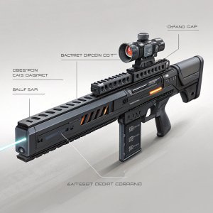 Digital concept art of AIM Corporation's futuristic railgun. Sleek black weapon with battery, capacitor, and scope. Detailed illustration.