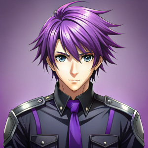 Policia anime hombre con ropa negra y morada y con el pelo con un degradado morado y negro