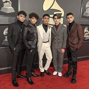 CNCO members Zabdiel de Jesus, Erick Brian Colon, Joel Pimentel, Christopher Velez, and Richard Camacho posing together at the Grammy Awards red carpet.