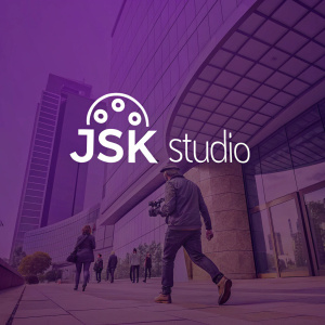 Modern logo design for JSK Studio. The logo is in vibrant purple color, featuring sleek text and a distinctive icon.