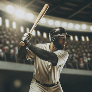 Alex Avila, a baseball player, in a high-intensity batting stance. The background is a blur of a cheering crowd in a stadium. His focused expression and the wooden bat mid-swing are the main highlights. The lighting is intense, emphasizing the textures of his uniform and protective gear.