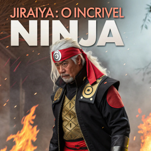 Jiraiya: O Incrível Ninja, dressed in his iconic ninja outfit. Red headband, black and gold ensemble. Flames and smoke in the background