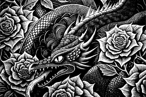 detailed japan dragon in roses
