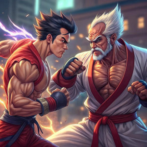 Digital illustration of Kazuya Mishima and Heihachi Mishima from Tekken. Vibrant color palette, dynamic action poses, detailed anatomy, contrasting shadows and highlights, emphasizing intense confrontation.