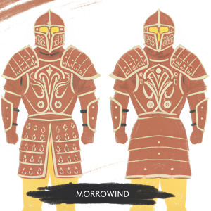 Digital illustration of Morrowind armor from The Elder Scrolls series, 3D render. Intricate designs, metallic sheen, dark background. Characters wearing armor, highlighting fit and details. Morrowind logo prominently displayed.