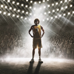 Robin Lopez, in a vibrant Lakers jersey, confidently standing in a sports arena. Cheering crowd in the background
