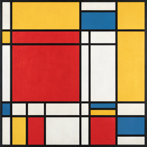 Piet Mondrian's abstract artwork, filled with vibrant colors and geometric shapes. Dominated by black lines forming rectangles and squares, filled with primary colors.