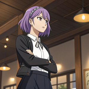 Hotaru Shidare, character from Dagashi Kashi, standing determined. White skin, purple hair, serious expression. Wearing a black jacket over a white shirt, black skirt. Warmly lit interior background, reminiscent of anime style.