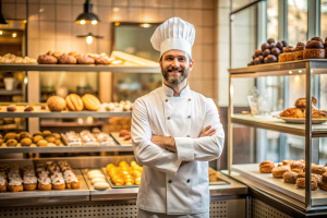 A satisfied cook in a pastry shop stands on the right