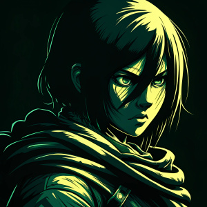 Digital portrait of Mikasa Ackerman from Attack on Titan. Rendered in high-definition pixel art style. Close-up of her face. Dark hair and intense gaze. Limited color palette with shades for depth. Blocky shapes and tones for contrast.