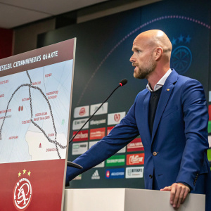Erik Ten Hag giving a press conference. Wearing a blue suit and standing beside a map of Ajax's championship route. Sponsors' logos displayed on screen behind him.