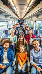 
safety on the train and great comfort, showing several happy passengers inside the train