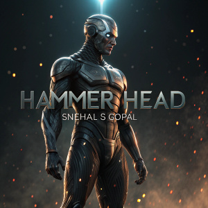 Digital artwork of a sleek, muscular android with intricate muscle detail. Dark background with glowing particles. Text 'Hammer Head' 'Snehal S Gopal' visible.