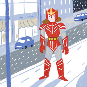 Andromeda Shun, female warrior from Saint Seiya, in her red and gold armor, determined look, set against a bustling street scene at night