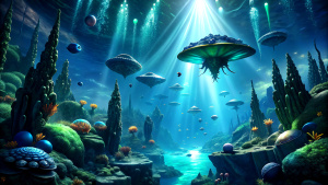 The depths of an alien sea with many types of lifeforms swimming around