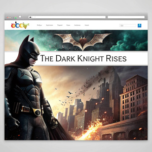 Homepage of eBay featuring a promotional banner for 'The Dark Knight Rises'. The banner highlights the movie title and a cityscape. Welcoming message, movie trailer, and Batman-themed logo are present. The site layout includes multiple sections.