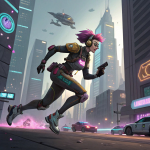 Tracer, the iconic Overwatch character, sprinting through a futuristic cityscape. Her body adorned with advanced tech gadgets.