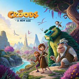 The Croods 2: A New Age movie poster. Featuring Grug, Eep, and their family in vibrant prehistoric settings.
