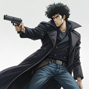 Digital art depicting Spike Spiegel from Cowboy Bebop, with slicked-back hair, intense stare, and grim expression. Wearing a sleek black trench coat and jeans, holding a futuristic firearm. Plain grey background