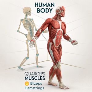 Anatomy lesson illustration. Muscular human body with labeled parts in Spanish.