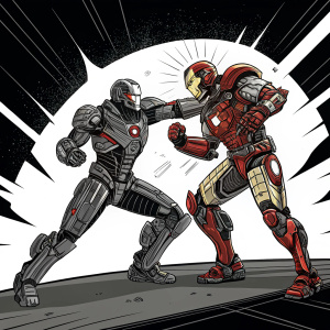 A dynamic comic panel featuring two robot-like characters in fierce combat. The scene unfolds in a grid format, showcasing intricate mechanical details and aggressive poses, set against a black and white backdrop.