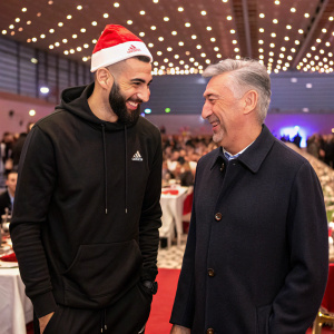 Karim Benzema and Carlo Ancelotti at the annual team charity event. Both are dressed in casual attire. The event is held in a large hall with a festive backdrop.