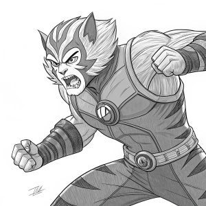 Black and white detailed drawing of Tygra from ThunderCats, in a fierce battle stance. Flat artwork with bold lines, intense expression.