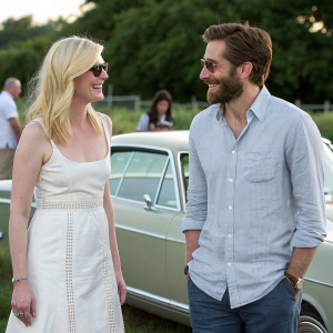 Kirsten Dunst and Jake Gyllenhaal spotted at a casual outdoor event. Kirsten is in a white sundress, Jake in a casual shirt. They are standing near a vintage car.