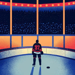 Patrice Bergeron, wearing Boston Bruins jersey, number 37, in a bustling arena. Surrounded by cheering fans, advertisements on the walls, and the puck at his feet.