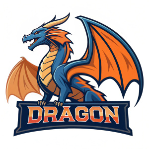 An orange and blue dragon logo, wings outstretched, powerful stance, title 'DRAGON' in bold letters