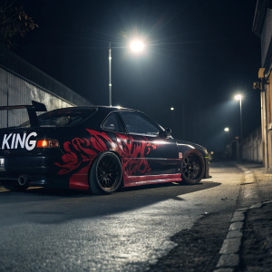 Custom Nissan Silvia S15, featuring bold black and red paint job, 'KING' graffiti on side, prominent rear wing. Shot in dark alley with bright spotlights