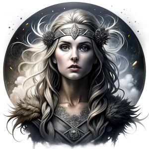 Saga, The Seer - Nordic Goddess of Sagas & Myths perfect realistic art, high-definition grey and black, white background tattoo design