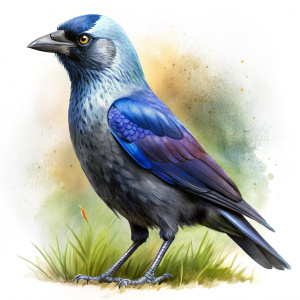 Gardening nuances: Wild   	Jackdaw close up in her habitat on white background that fit on canvas, watercolor style, white background 