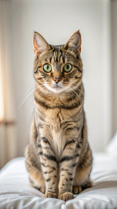 Generate an image of a healthy cat is showing confused reaction, white background bedroom, cat is looking confused, shot with Sony Alpha a9 II and Sony FE 200-600mm f/5.6-6.3G OSS lens, natural light, hyper realistic photograph, ultra detailed,6k