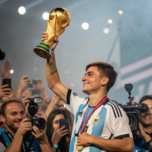 Paulo Dybala, posing confidently with the FIFA World Cup Trophy. Celebratory event with fans and media in the background.