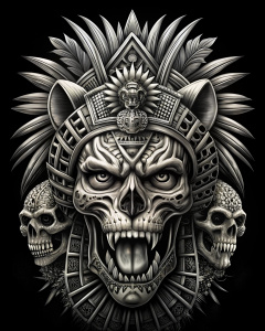 calavera guerrero  con azteca blanco y negro prehispánico y a los lados cabeza de jaguares