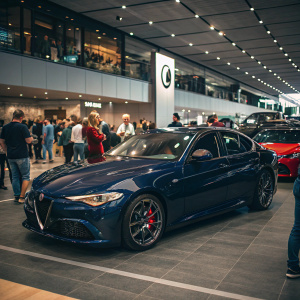 Dark blue Alfa Romeo Giulia Q4 parked in a bustling car showroom.