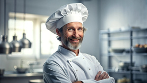 Caucasian middle aged male chef in a chef's hat with arms crossed wears apron standing in restaurant kitchen and smiling