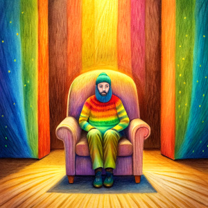 persona que esta encerrada en un cuarto pequeño acostada descansando en un sillon espiritualidad colores arte