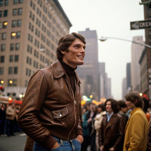 Christopher Reeve at a bustling city street event, wearing a brown leather jacket and jeans.