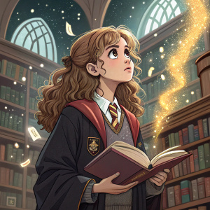 Cartoon illustration: Hermione Granger, determined look, in Hogwarts uniform, holding a book. Background features a magical library with floating books.