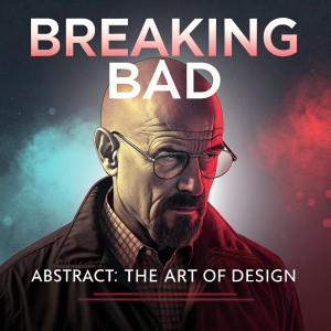 Promotional poster blending Breaking Bad and Abstract: The Art of Design. Featuring intense look of Walter White. Text in Spanish. Dark and bold design to grab attention.