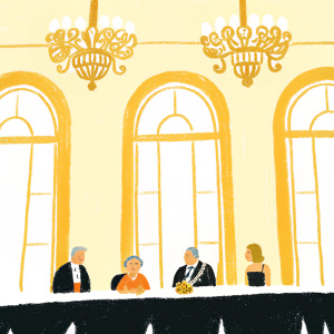 Bill Clinton, Hillary Clinton, Queen Elizabeth II, and Chelsea Clinton at a formal state dinner. A grand ballroom with ornate chandeliers and gold trimmings.