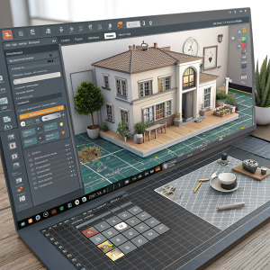 Screenshot of 3D modeling software interface. Main workspace features grid-like pattern. Various tools and options for editing and creating 3D models. Interface uses muted colors.