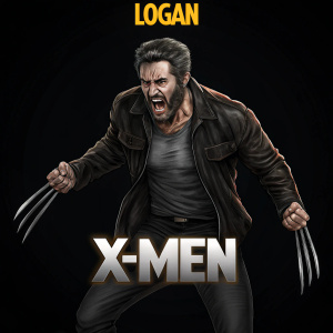 Logan, aka Wolverine, snarling with claws extended. Stark black backdrop with X-Men logo